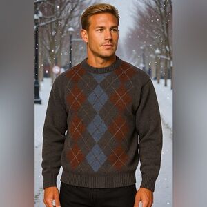 Vtg Macys Irish Shetland Wool Argyle Crew-neck Sweater Large Ski Lodge Old Money